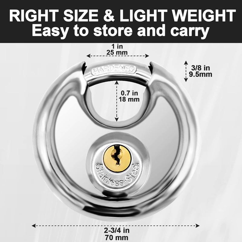 Vervida ® Keyed Padlock 70mm Waterproof Stainless Steel, 3/8 Inch Shackle Heavy-Duty Round Outdoor Lock for Storage Units & Garages 4-Pack with 12 Keys (Keyed Different) - Image 3
